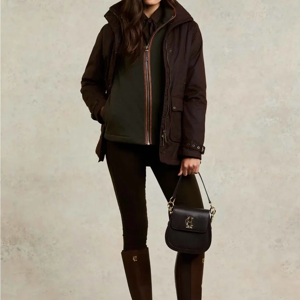 Holland Cooper Country Fleece Jacket - Dark Green with Brown Faux Leather - Picture 3 of 5